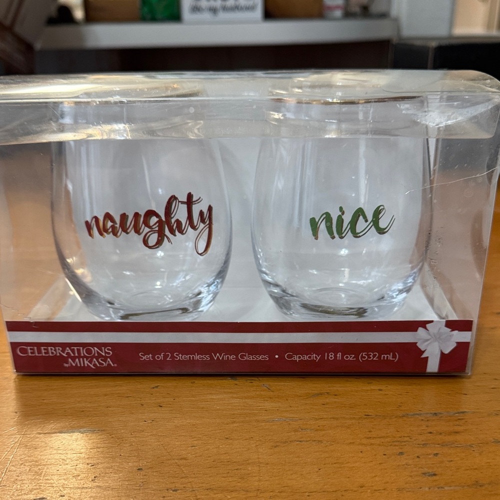 Mikasa Naughty and Nice Stemless Wine Glasses - Red and Green
